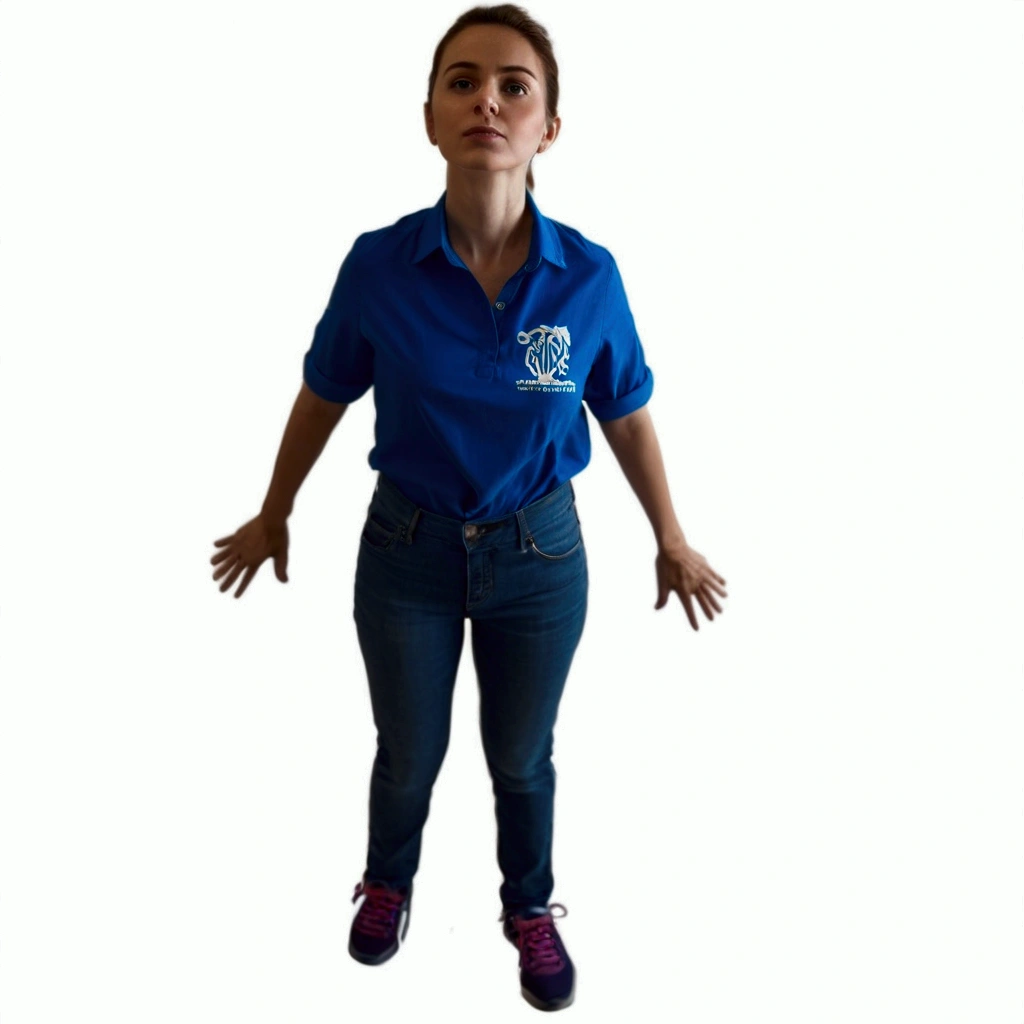 a beautiful woman with brown hair, blue shirt, bioomathematic writing on the shirt, jeans and with tennis shoes standing with her hands outstretched, sarcastic full body pose, frontal pose, full body photography, full body photography, full body photo, full body action pose, full body model, not posing, full body female, centered full body shot, full body dynamic pose, full body profile camera photo, pose