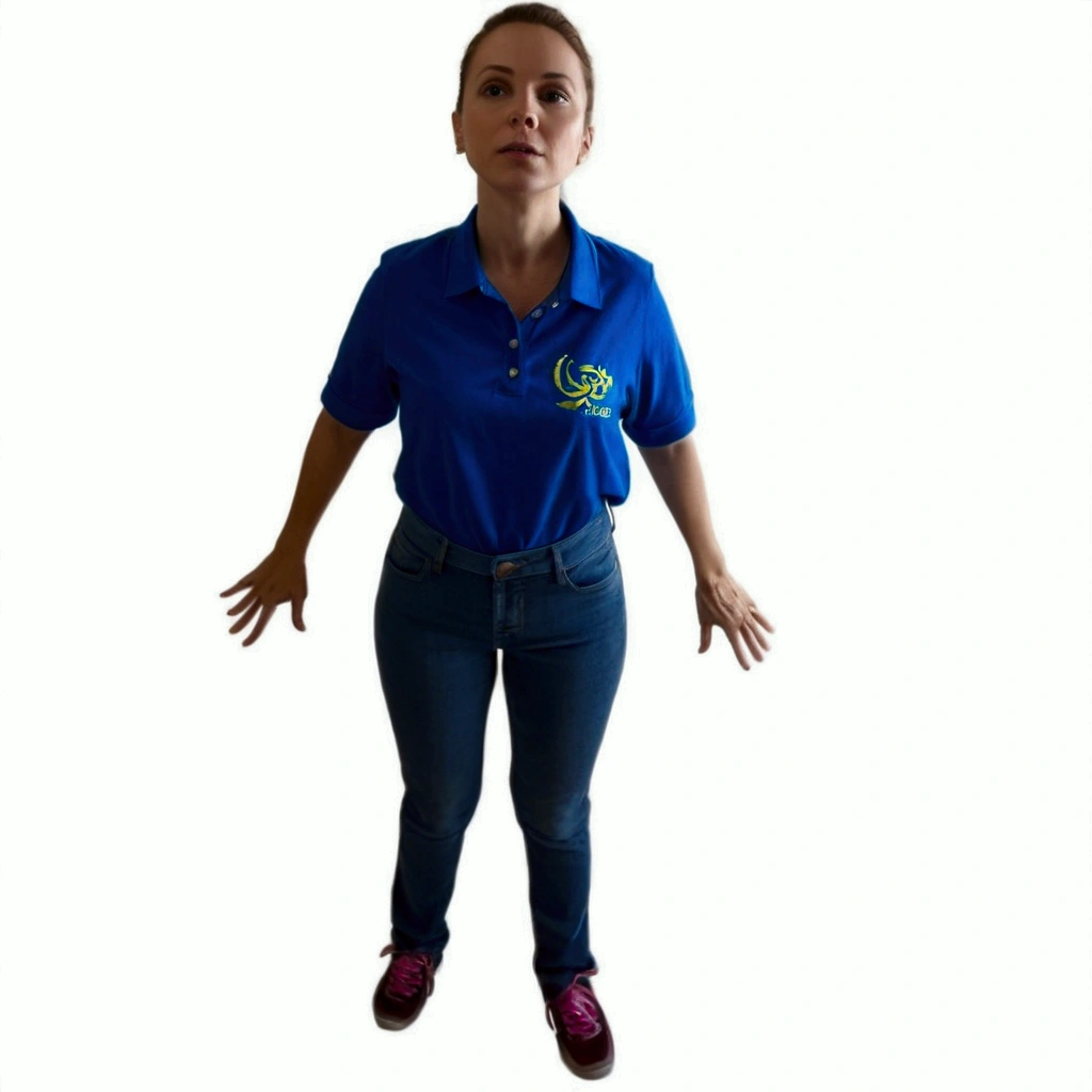 a beautiful woman with brown hair, blue shirt, bioomathematic writing on the shirt, jeans and with tennis shoes standing with her hands outstretched, sarcastic full body pose, frontal pose, full body photography, full body photography, full body photo, full body action pose, full body model, not posing, full body female, centered full body shot, full body dynamic pose, full body profile camera photo, pose