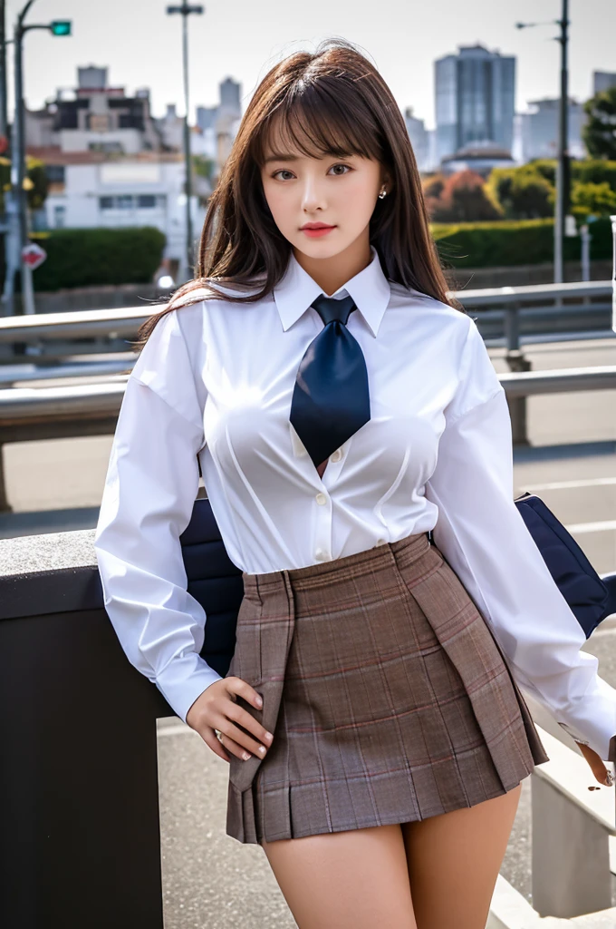 a 16 year old girl, she is the most beautiful actress in the world, the perfect body proportions of this girl, the blazer is appropriately buttoned up on the formal shirt that she wears above the short skirt, indirect bulge of her clothed large breasts, her crotch area of the panties between her bare legs are hardly hidden by the short skirt, it's only one description of one body, it from right above her head to right below her shins are within the space, the front of her body, looking forward to viewer, she is standing, at the city street, nsfw, best quality, highly detailed, masterpiece, ultra high res, photo realistic, 8k, RAW photo