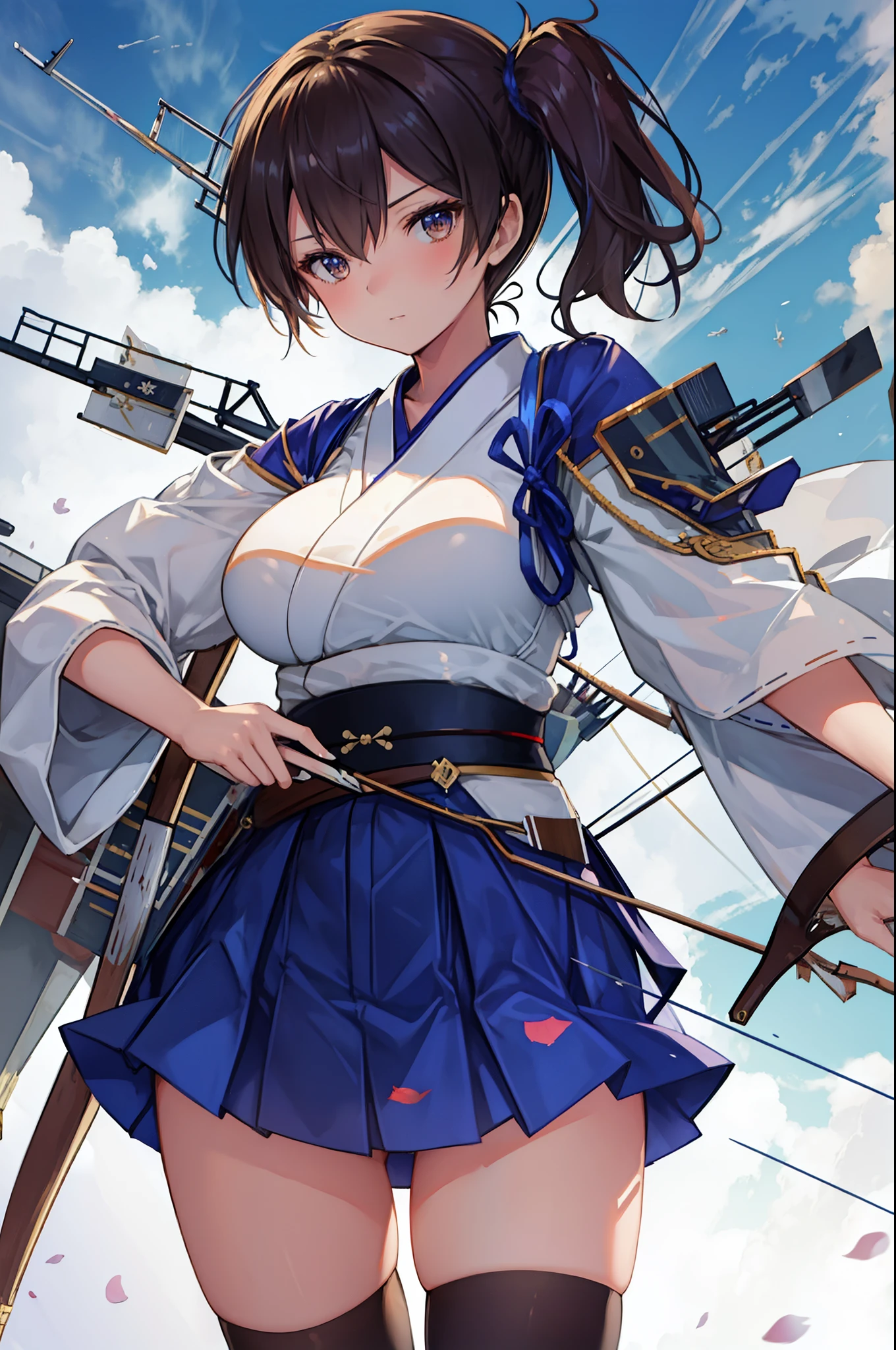Kaga(Fleet Collection),highest quality, masterpiece, High resolution,kimono,blue skirt,side ponytail,big_breasts,solo,Japanese_bow&arrow,dynamic_posing,half_eyes,solo,plump,