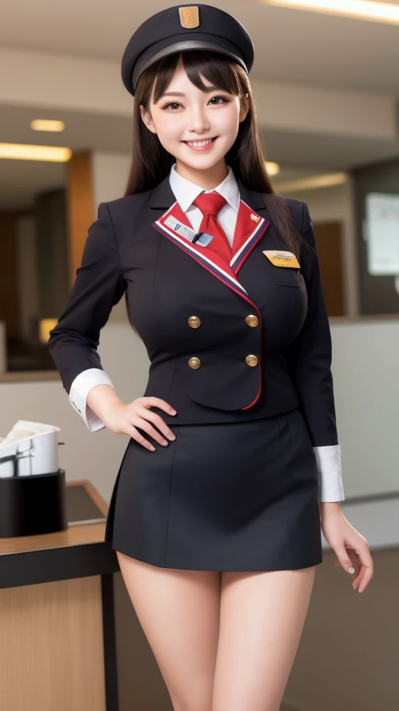 Masterpiece, top quality, very detailed, good anatomy, perfect anatomy, long hair, , promising smile, dark hair, beautiful face, blush, beautiful eyes, 22 years old, mature, perands , perfect fingers, blush, Japanese stewardess black uniform, black pencik mini
Skirt uniform, hat,
