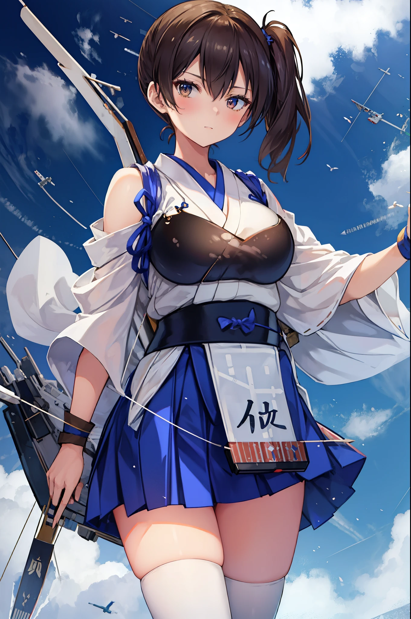 Kaga(Fleet Collection),highest quality, masterpiece, High resolution,kimono,blue skirt,side ponytail,big_breasts,solo,Japanese_bow&arrow,dynamic_posing,half_eyes,solo,plump,