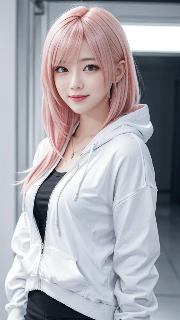 A woman with pink hair and a white hoodie, mini skirt、A head fan is hanging around his neck、Anime realism style, Unreal 5. RPG Portrait, cgsociety portrait, Realistic art style, Smooth anime CG art, Photorealistic Anime Girl Rendering, Realistic anime 3D style, Loss Draw 1. 0, Realistic 3D animation, ArtJam ; 3d unreal engine, Realistic anime art style,The background is space,The best smile、