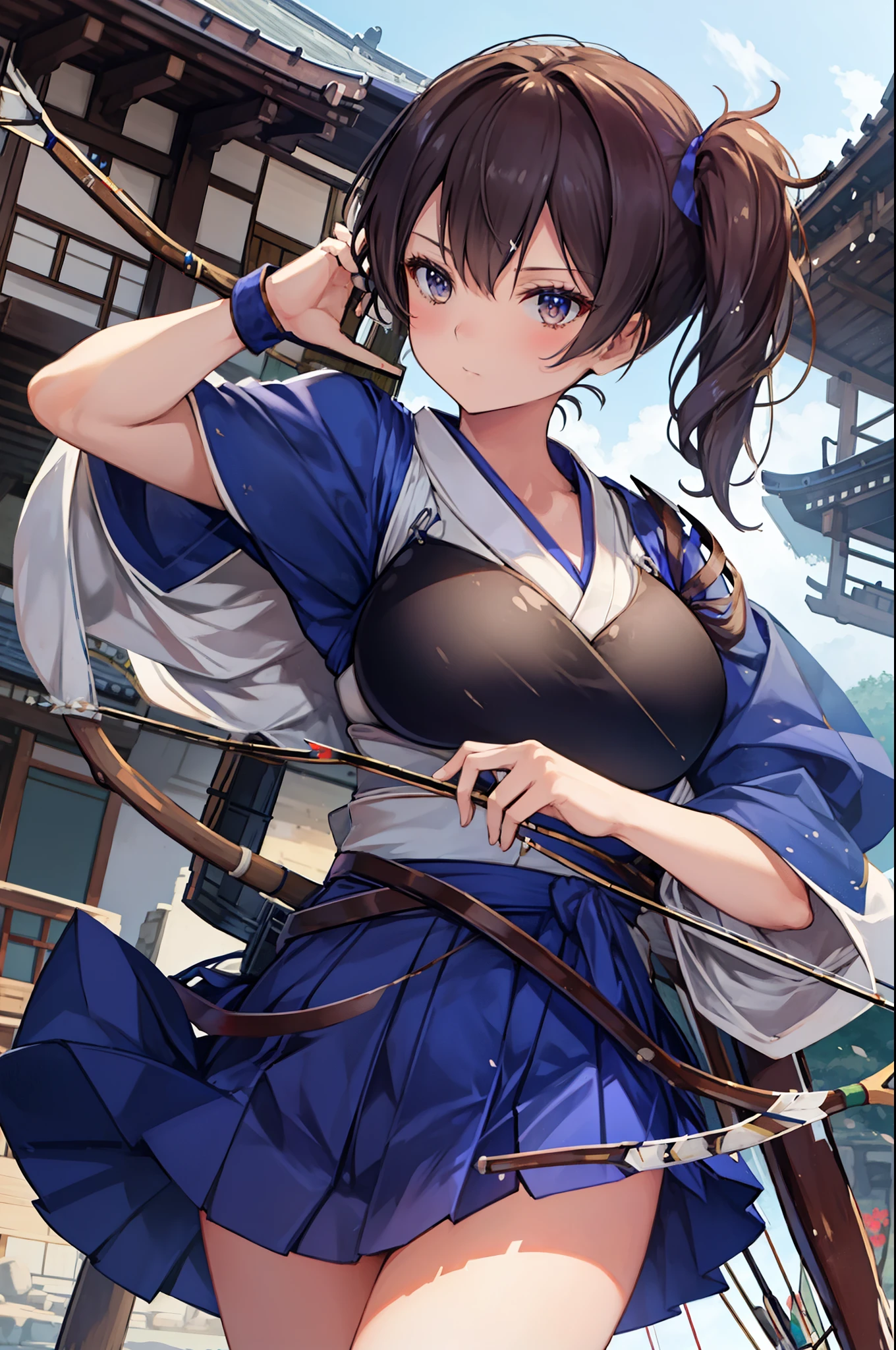 Kaga(Fleet Collection),highest quality, masterpiece, High resolution,kimono,blue skirt,side ponytail,big_breasts,solo,Japanese_bow&arrow,dynamic_posing,half_eyes,solo,plump,