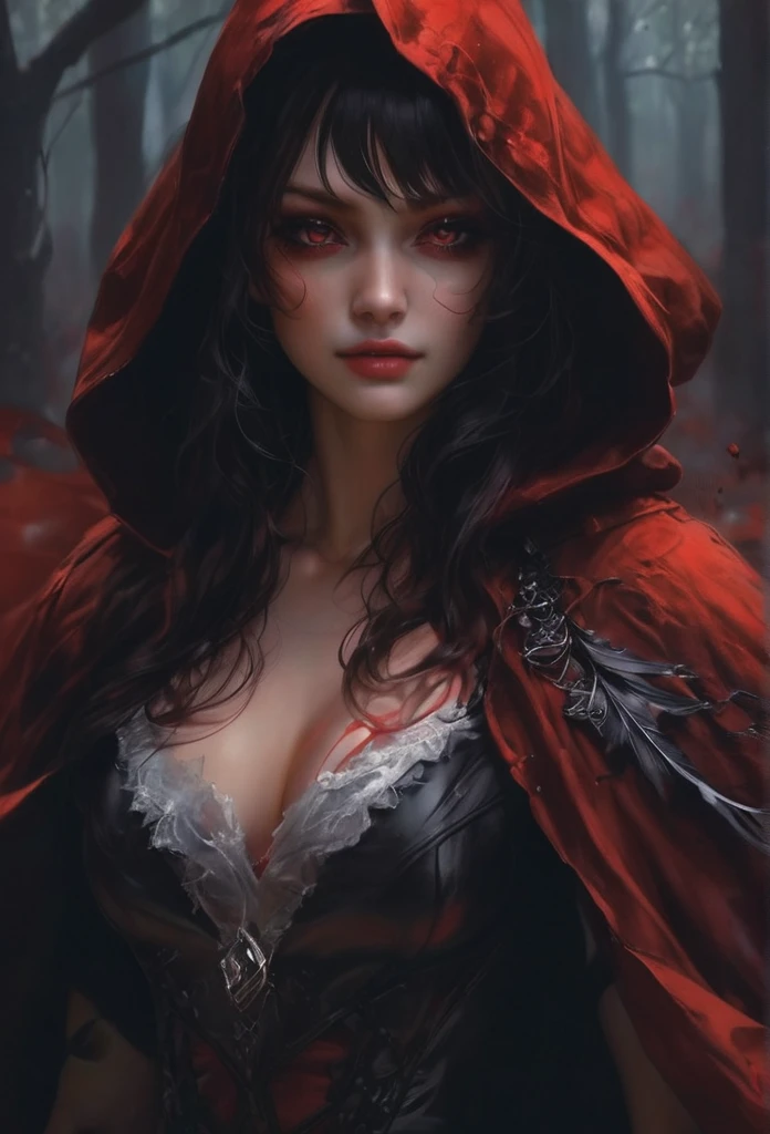 (Highest quality,4K,High resolution,masterpiece:1.2),Super detailed,Realistic:1.37,Portraiture,Dark fantasy,Red color scheme,Soft lighting,Emotional,Enchanted Forest,Ominous atmosphere,Eye-catching,Storytelling,anatomy,Anime Style,Concept Art,Beautiful detailed face and (((Red eyes ))),Flowing Hair,emotional expression,Jewelry made with attention to detail,A cape with an intricate pattern,Strong gaze,Cape with feather detailing,Subtle Shadows, voluptuous, Sexy Woman, big tits, A magnificent composition,Mysterious Background,Natural elements,Moonlit Night,wood々The wind blowing between,Eerie presence,Revealing character strengths and weaknesses,A striking contrast between the red cape and its surroundings,Fascinating story,Rich texture,Depth and Dimension,Highlight the charm and resilience of your characters. (((Little Red Riding Hood))), (Blood splatter:1.3)