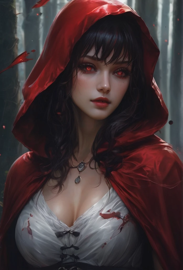 (Highest quality,4K,High resolution,masterpiece:1.2),Super detailed,Realistic:1.37,Portraiture,Dark fantasy,Red color scheme,Soft lighting,Emotional,Enchanted Forest,Ominous atmosphere,Eye-catching,Storytelling,anatomy,Anime Style,Concept Art,Beautiful detailed face and (((Red eyes ))),Flowing Hair,emotional expression,Jewelry made with attention to detail,A cape with an intricate pattern,Strong gaze,Cape with feather detailing,Subtle Shadows, voluptuous,  Woman, big , A magnificent composition,Mysterious Background,Natural elements,Moonlit Night,wood々The wind blowing between,Eerie presence,Revealing character strengths and weaknesses,A striking contrast between the red cape and its surroundings,Fascinating story,Rich texture,Depth and Dimension,Highlight the charm and resilience of your characters. (((Little Red Riding Hood))), (Blood splatter:1.3)