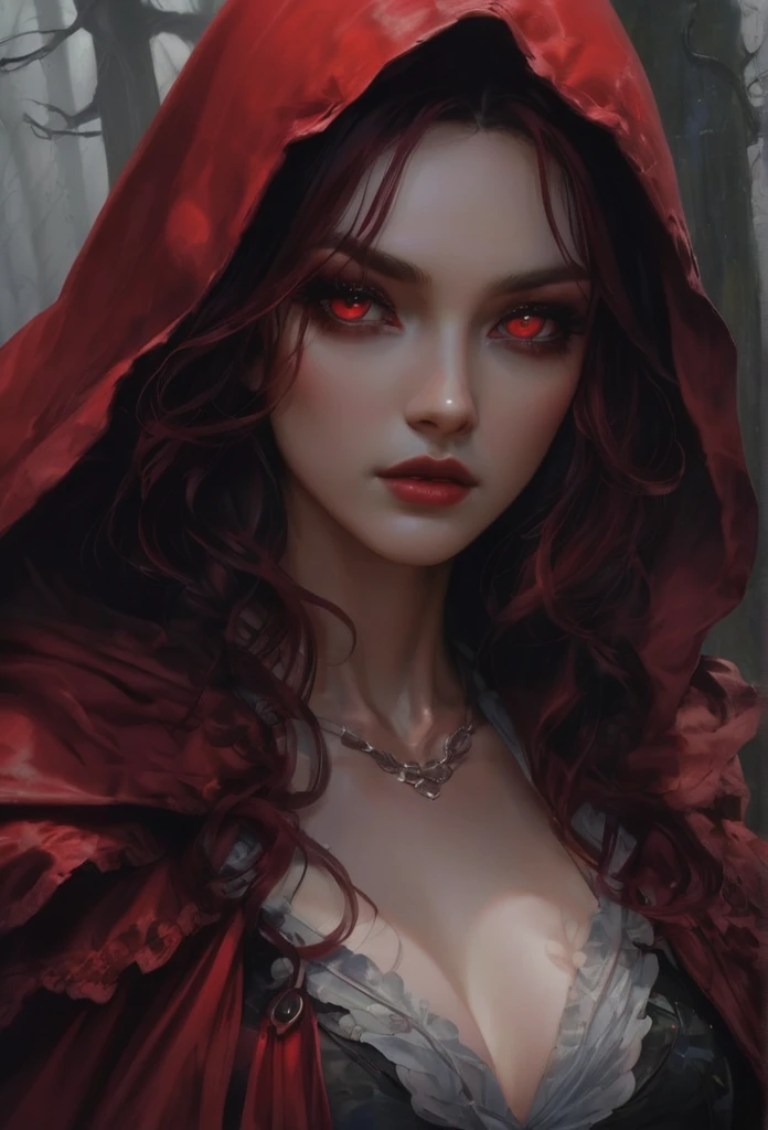 (Highest quality,4K,High resolution,masterpiece:1.2),Super detailed,Realistic:1.37,Portraiture,Dark fantasy,Red color scheme,Soft lighting,Emotional,Enchanted Forest,Ominous atmosphere,Eye-catching,Storytelling,anatomy,Anime Style,Concept Art,Beautiful detailed face and (((Red eyes ))),Flowing Hair,emotional expression,Jewelry made with attention to detail,A cape with an intricate pattern,Strong gaze,Cape with feather detailing,Subtle Shadows, voluptuous, Sexy Woman, big tits, A magnificent composition,Mysterious Background,Natural elements,Moonlit Night,wood々The wind blowing between,Eerie presence,Revealing character strengths and weaknesses,A striking contrast between the red cape and its surroundings,Fascinating story,Rich texture,Depth and Dimension,Highlight the charm and resilience of your characters. (((Little Red Riding Hood))), (Blood splatter:1.3)