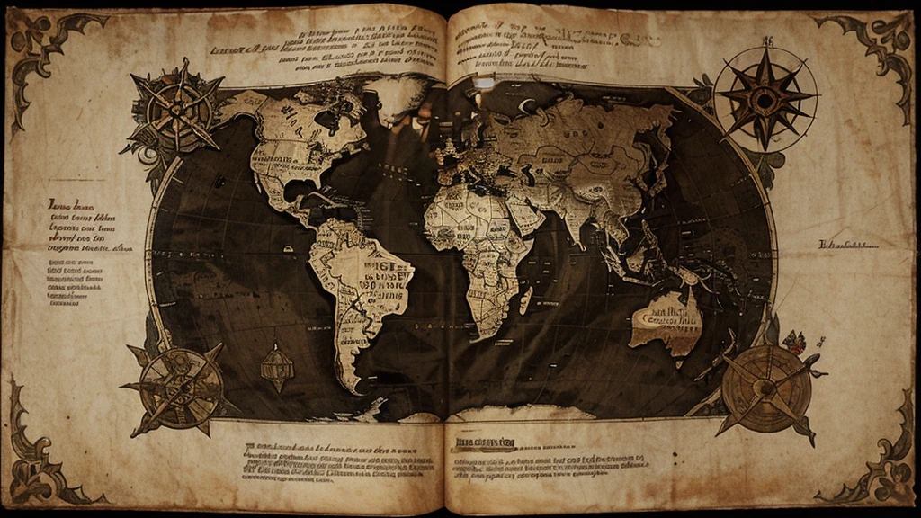 Old map of Latin America, with references to paranormal phenomena, Legends and myths. The map has a vintage style with worn edges and sepia details. Includes location marks of places famous for their ghost stories, unexplained appearances and events, like the Island of the Dolls in Mexico, the Bosque de las Ánimas in Colombia and the Hotel del Salto in Colombia. Illustrations of legendary creatures such as the Chupacabra are seen, La Llorona and the Duende. There are mystical symbols and handwritten notations in the margins, describing paranormal events and unsolved mysteries. The map is decorated with skull motifs, candles and other esoteric items, creating a disturbing and mysterious atmosphere.






