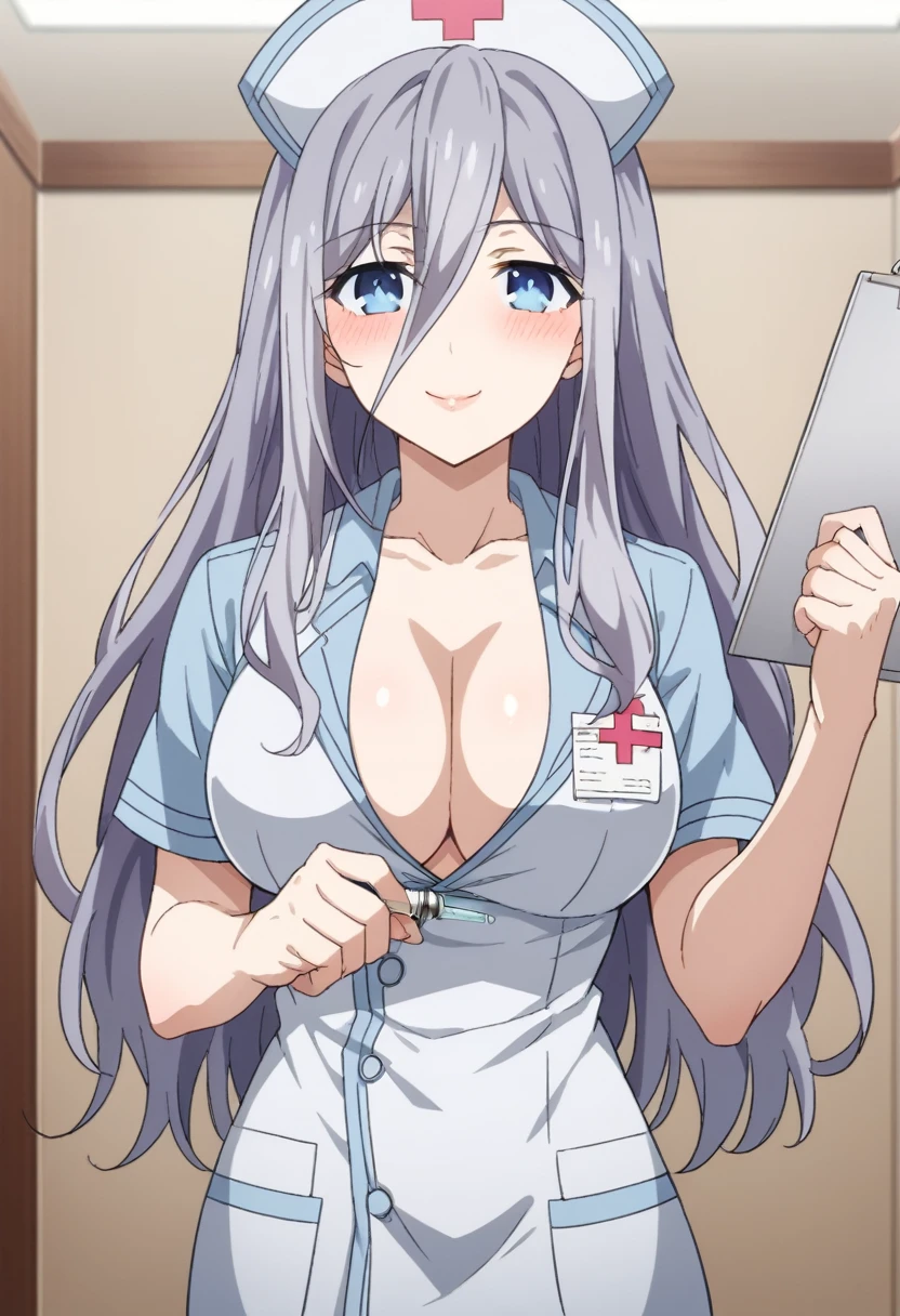 Score_9, Score_8_up, source_anime BREAK alone, looking at viewer, anime coloring, cowboy photo, reinemurasame, reineMurasame, long hair, blue eyes, gray hair, hair between the eyes, big breasts, sides, hat, nurse's cap, nurse, indoors, hospital, syringe, clipboard, smile, sagging skin, lean forward, excited, blushing, lips, adjusting clothes, cleavage, open shirt, angle dutch, cowboy photo, looking at viewer, alone