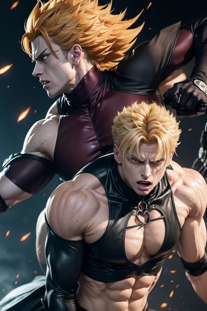 Create a detailed and dynamic image of an epic battle between Dio Brando from 'JoJo's Bizarre Adventure' and Sukuna from 'Jujutsu Kaisen'.
