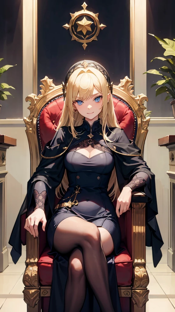 1 girl, blonde with blue eyes, in a dark expensive dress, sitting in an expensive chair in his office, one leg crossed over the other, leans on the armrest, crazy smile. medieval fantasy