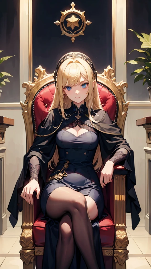 1 girl, blonde with blue eyes, in a dark expensive dress, sitting in an expensive chair in his office, one leg crossed over the other, leans on the armrest, crazy smile. medieval fantasy