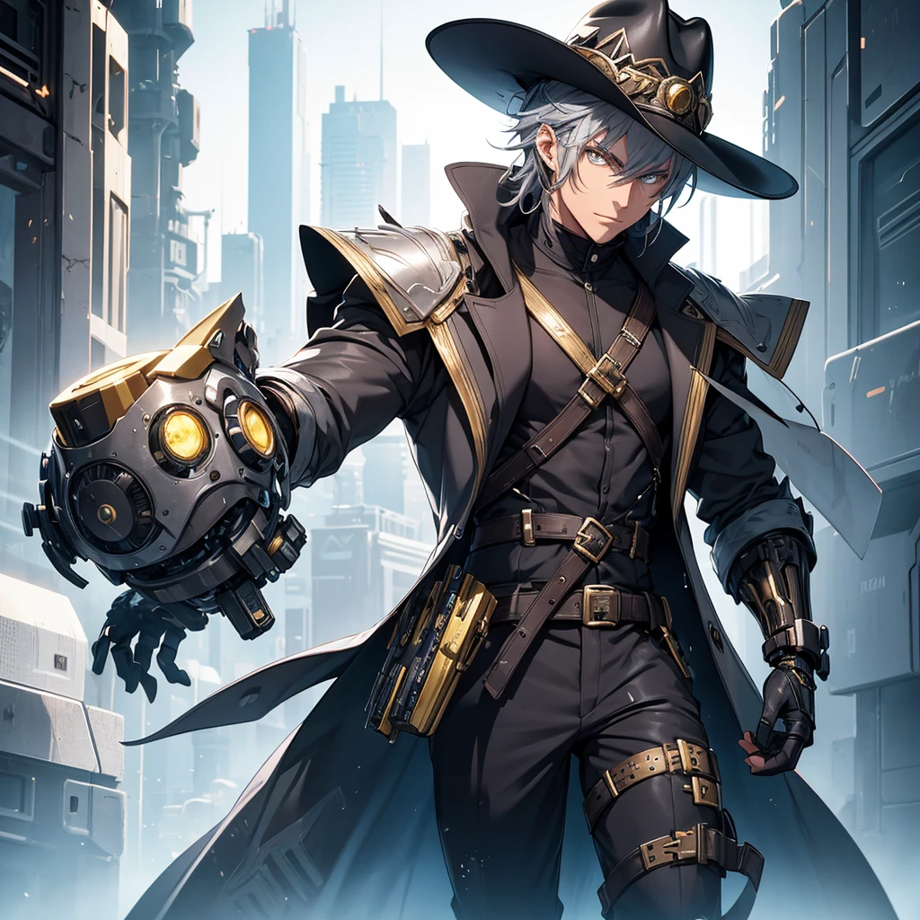 make a futuristic male character who has a cowboy hat, mechanical right arm, gold eyes, must be in a futuristic canary, and dark gray hair. he must be strong and have an overcoat