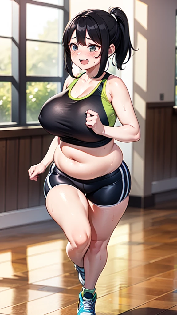 Girl, black hair, older sister, tie her hair in a ponytail and laugh at the speaker, high-quality picture, masterpiece, beautiful girl, cafe,tall women, wide hips, chubby woman, running, sweating, blushing, running, jogging