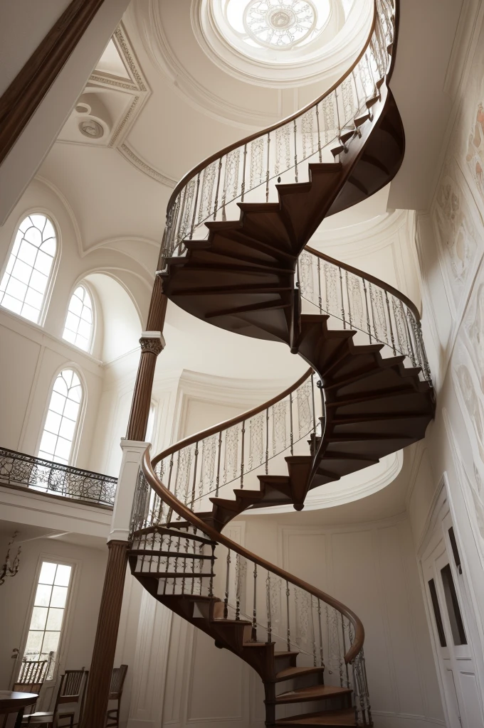 Make a picture of a large spiral staircase going down in white and antique tones with soft pictures on the walls