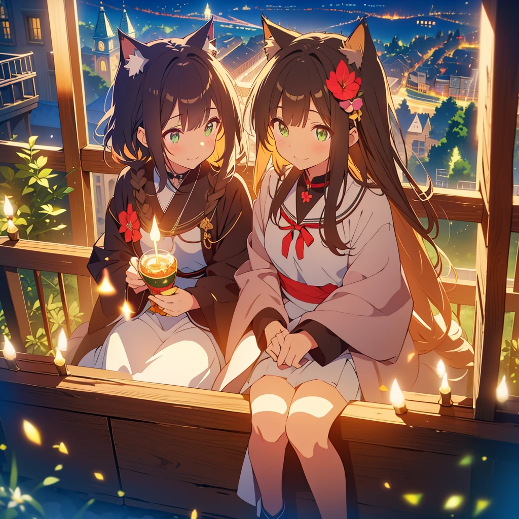 awaii, anime, Cute, hyper quality, highly detailed, 8k, Front facing, Clarity, brown long hair, green eyes, smile, whole body, Cat ear, amaryllis, Close your eyes and smile with your mouth open, fly in the sky, good sisters, Cat ears stick out from the witch's hat, witch's black robe, fantasy, fog effect, particles of light, Uplifting, magically floating in the air, bird's eye view, flower blooming hill, colorful amaryllis, Cityscape lit with lights, starry sky, clock tower, iris, You can see the cityscape in the distance, night view, western witch, medieval cityscape, cape, amaryllis flower, magic effect, wizard's robe, cat ears, My sister has golden eyes,