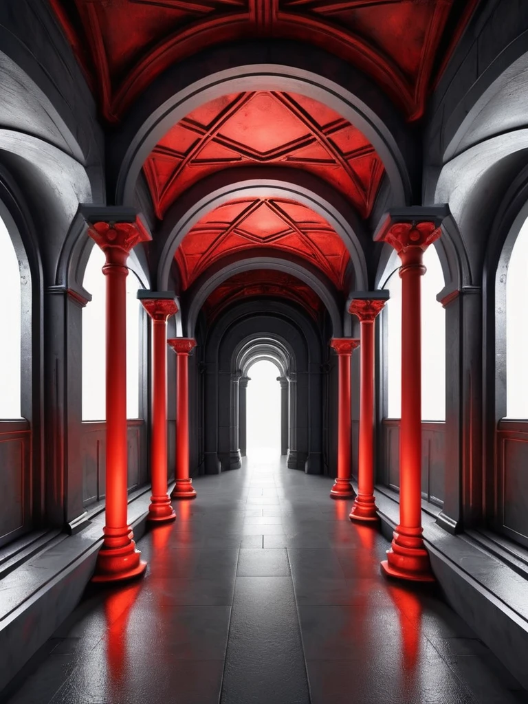 tunel, infernal themed futuristic background image, palacio hell, symmetrical image, hell, dark gray wall, negro, red, puertas al hell columnas iglesia, infinite arcs.