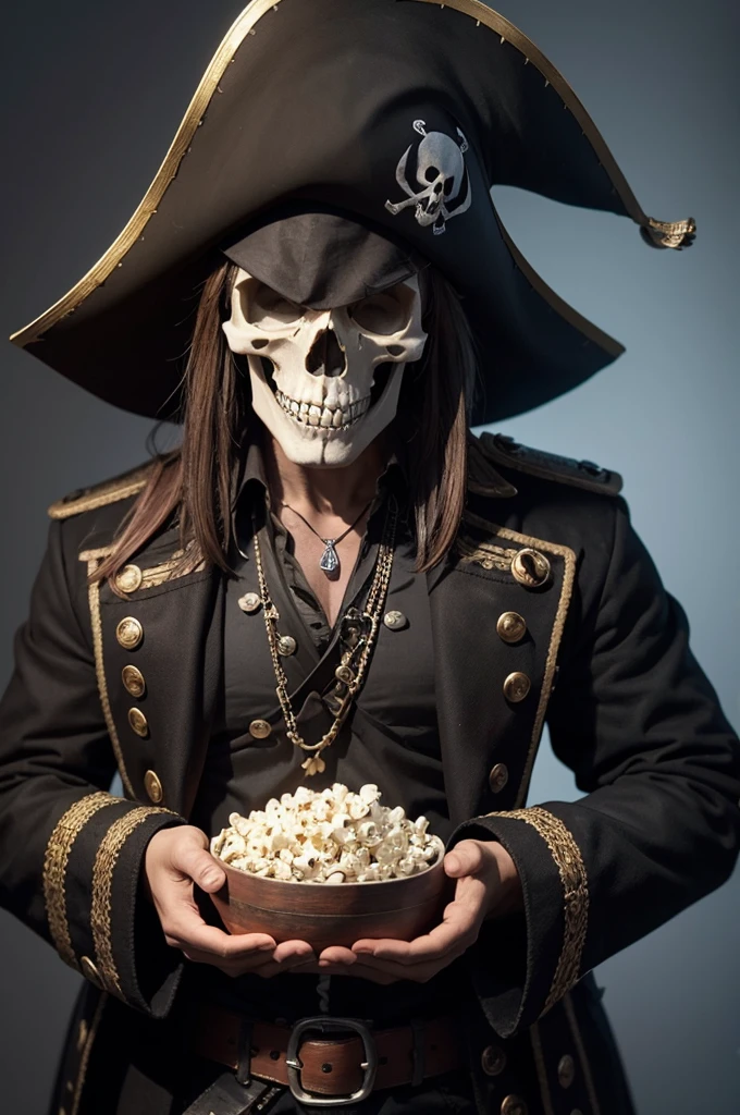 A skull with three black popcorns on the front with a pirate hat