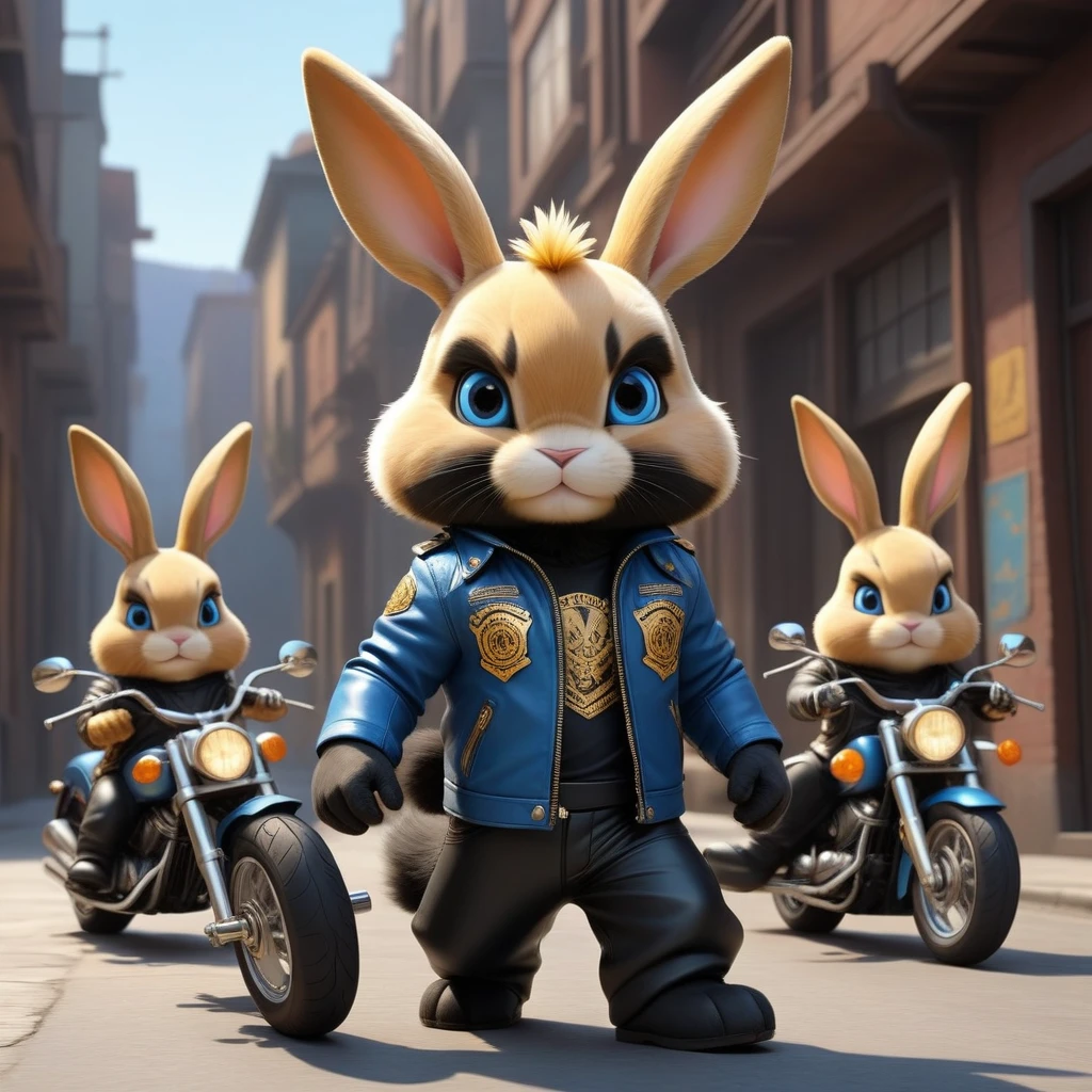 cartoon of (a tough rebel black golden bunny dressed as a gang of golden bikers, blue leather jacket, Mohican:2.5), looking ahead at viewer, Symmetrical, chromatic fantasy, highy detailed, 8k, digitalpainting, oil painting, illustration, conceptual artwork, sharp focus, volumetric lighting, epic composition, CG Society, golden art station