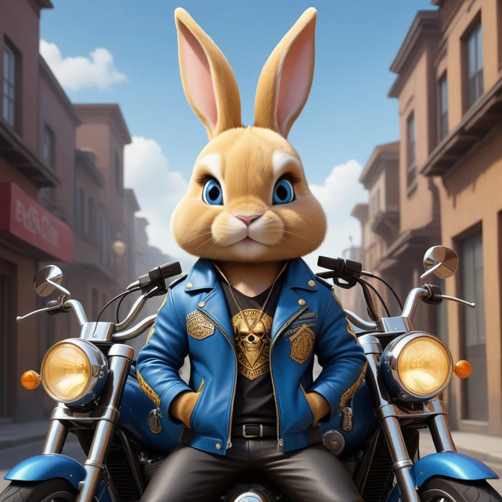 cartoon of (a tough rebel black golden bunny dressed as a gang of golden bikers, blue leather jacket, Mohican:2.5), looking ahead at viewer, Symmetrical, chromatic fantasy, highy detailed, 8k, digitalpainting, oil painting, illustration, conceptual artwork, sharp focus, volumetric lighting, epic composition, CG Society, golden art station