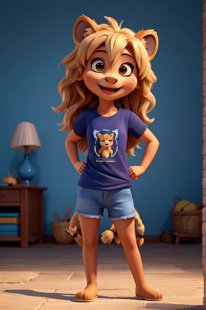 Happy lioness with dark blue t-shirt