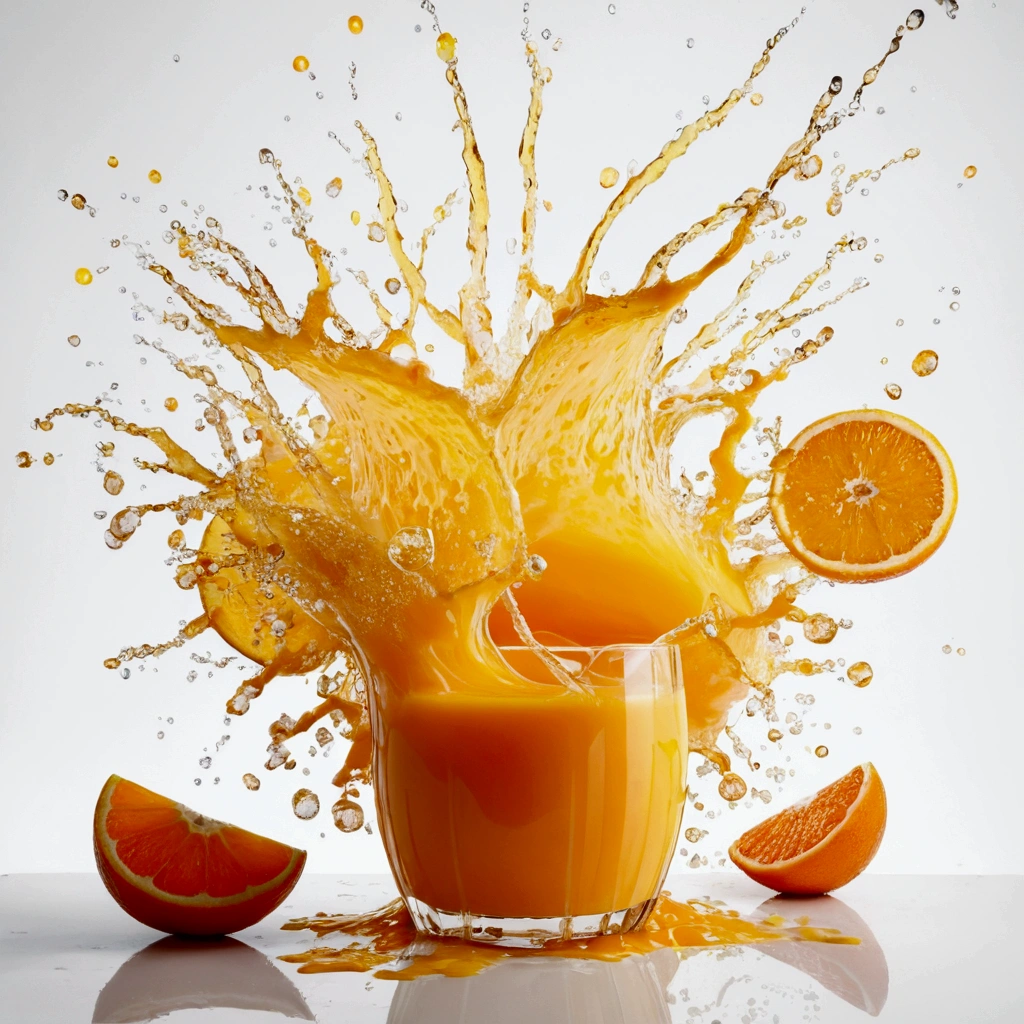 A storm of orange juice explodes, a white background.