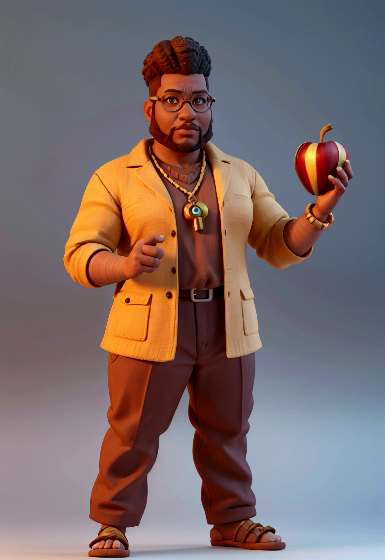 Create a majestic 3D render of an African-descendant professor with short nudred hair and a short beard, wearing glasses and clothing with African fabric details. The professor should have a medium build, balanced between slender and chubby, standing 1.74 meters tall and weighing85 kg. He should be holding an Apple mobile phone. The style should be reminiscent of a cinematic, Pixar-esque movie poster with an animation style rendering. Use 3D stylized techniques with Arnold Maya render, toon render with Keyshot, and ensure the character has detailed skin and texture in 8k resolution. The lighting should be cinematic with a sharp focus and a bokeh effect. The background should feature a close-up pose of the character with clay-like rendering quality.

