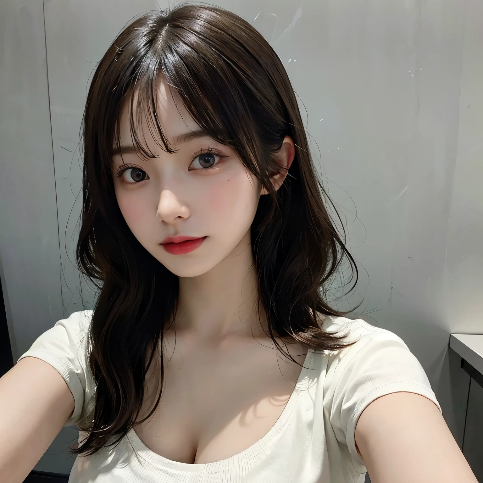 ((best quality)), ((masterpiece)), (detailed), perfect face. Asian girl. Selfie. Blank T-shirt. Wall. Cleavage. Low lighting.