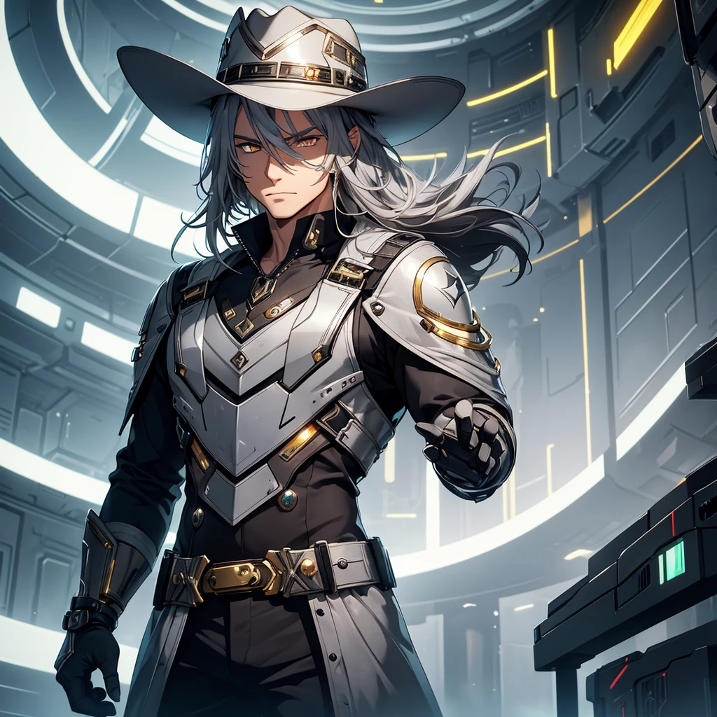 make a futuristic male character who has a cowboy hat, mechanical right arm, gold eyes, must be in a futuristic canary, and dark gray hair. he must be strong and have an overcoat
