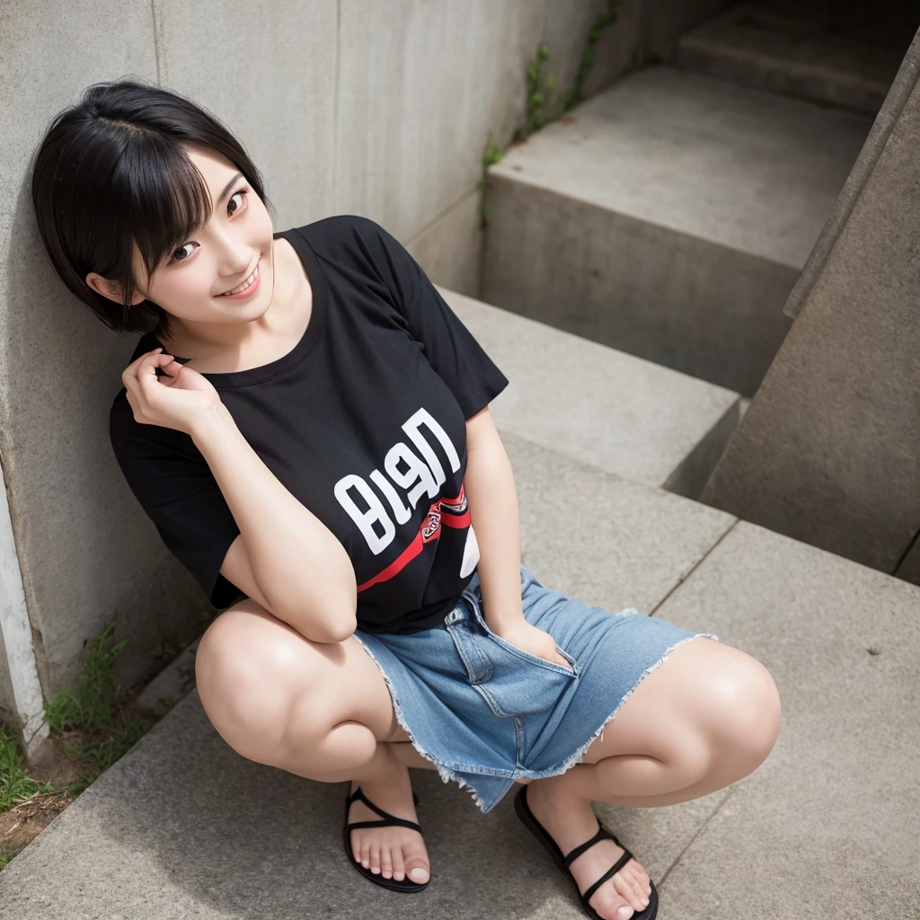Realistic photos,Beautiful Japanese Women Photos,Black Short Hair,Beautiful Face,Leaning forward,squat,From above,Look at other people,smile, Loose fitting T-shirt,Large Breasts, expose one's cleavage