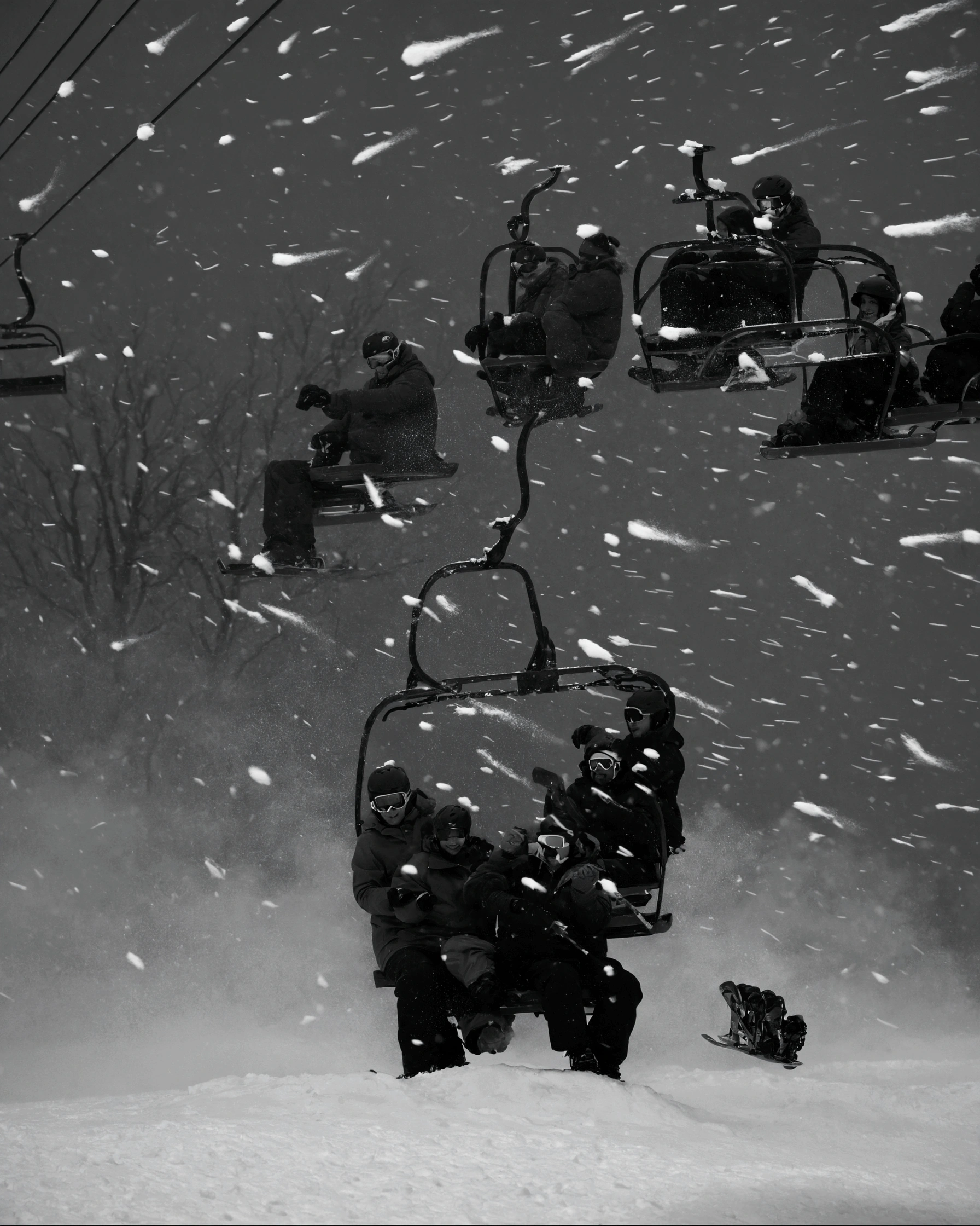 skiers are sitting In the snow on a ski lift, Blizzard ::5, in the middle of a blizzard, Blizzard, blizzard, during snowfall, blizzard in the mountains, snowing, In the snow, powder, snowstorm, snowfall at night, Trent Park, by Dan Frazier, buried in the snow at night, nicolas delort, snowfall
