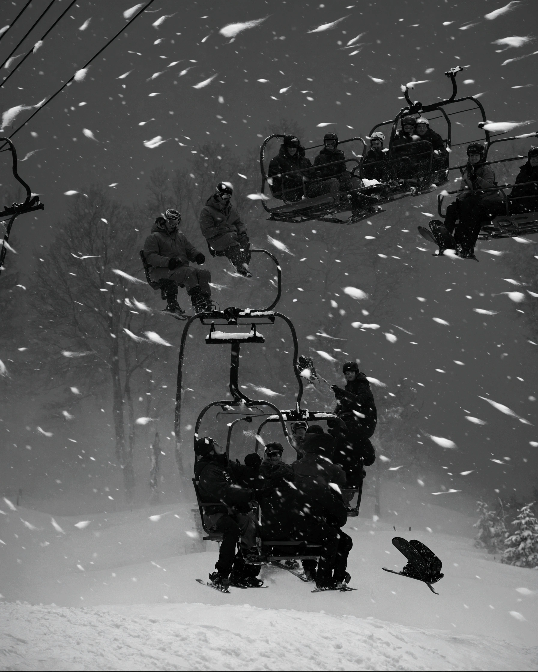 skiers are sitting In the snow on a ski lift, Blizzard ::5, in the middle of a blizzard, Blizzard, blizzard, during snowfall, blizzard in the mountains, snowing, In the snow, powder, snowstorm, snowfall at night, Trent Park, by Dan Frazier, buried in the snow at night, nicolas delort, snowfall