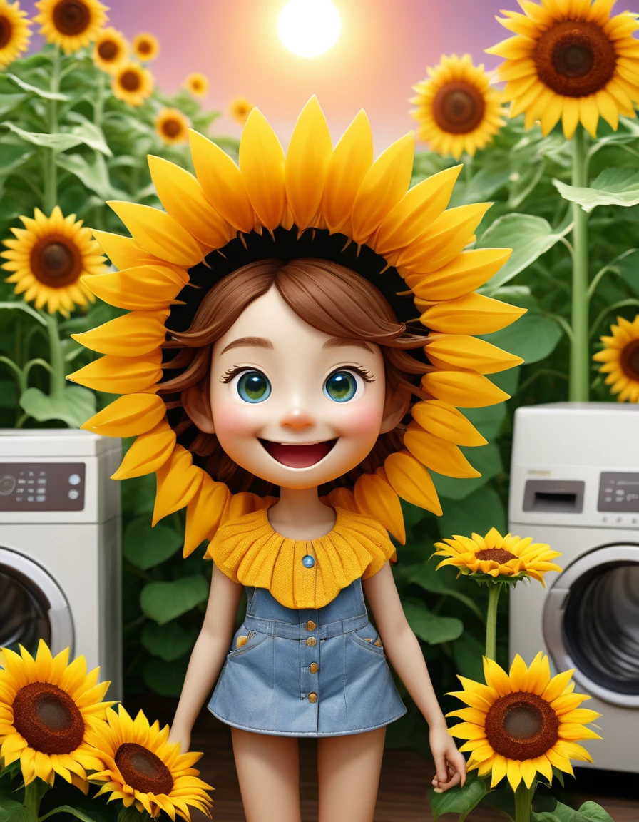(design of character),Sun with enthusiasm and joy while standing in front of a washing machine, anthropomorphic sunflower,wear a sun hat, Mattresses are chickens, smiling, big shiny eyes, Fantastic,Eccentric,similar to a fairy tale, super detailing, pixel style, vibrant with colors, soft natural light, solid color backdrop, 5-octane rendering, a gorgeous, Ultra Wide Angle, 8k, high realism, 8k