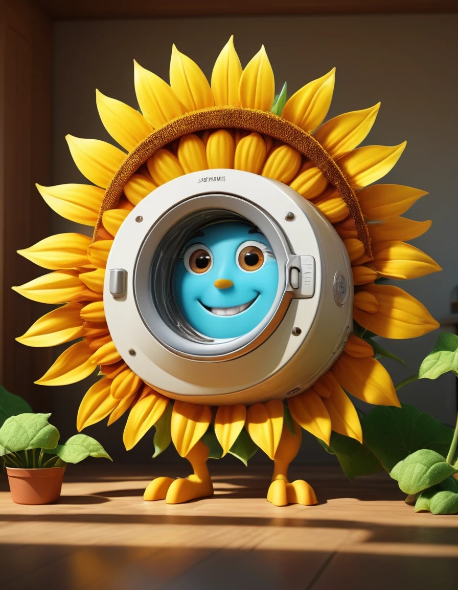 (design of character),Sun with enthusiasm and joy while standing in front of a washing machine, anthropomorphic sunflower,wear a sun hat, Mattresses are chickens, smiling, big shiny eyes, Fantastic,Eccentric,similar to a fairy tale, super detailing, pixel style, vibrant with colors, soft natural light, solid color backdrop, 5-octane rendering, a gorgeous, Ultra Wide Angle, 8k, high realism, 8k