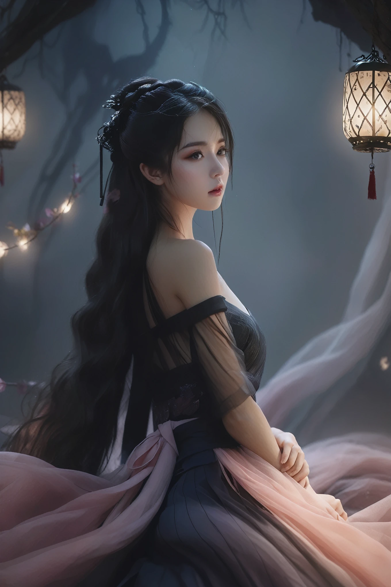 Ultra HD, 8K, Extremely detailed, Photos of Dark Fantasy Art, Girl in tulle skirt,making eye contact, dark, Moody, dark fantasy style, Beautiful Lights, great composition