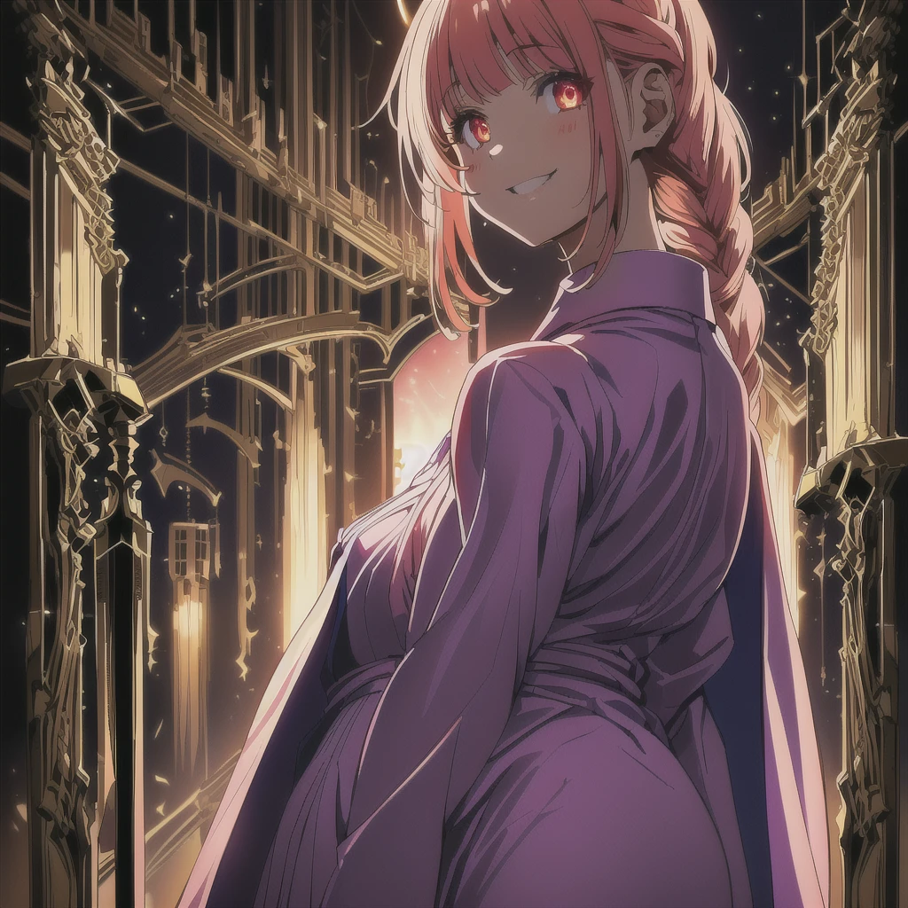 masterpiece, ((HDR)), absurdres extremely, intricate details, sharp focus, depth of field, dramatic lighting, vivid colors, beautiful lady, braid, one side half, glowing eyes, tight nurse uniform, exoskeleton, curvy, pantyhose, head tilt, nihilistic smile, blood, An abandoned hospital, close up, weapon on back, 