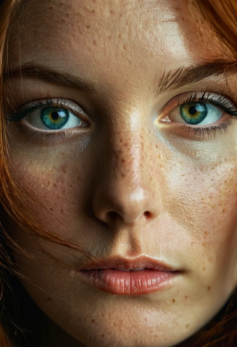 Extreme close-up portrait, piercing blue-green eyes, freckled skin, face partially obscured by ornate golden fabric, raw emotion, hyper-realistic detail, 8K resolution, dramatic lighting, intense gaze, rich warm tones, textured cloth with intricate patterns, visible skin pores and eyelashes, soft shadow play, cinematic composition, shallow depth of field, golden hour warmth, fine art photography style, visible fabric weave and threads, subtle reflection in eyes, auburn hair peeking through, moody atmosphere, high contrast, professional studio lighting, sharp focus on eyes