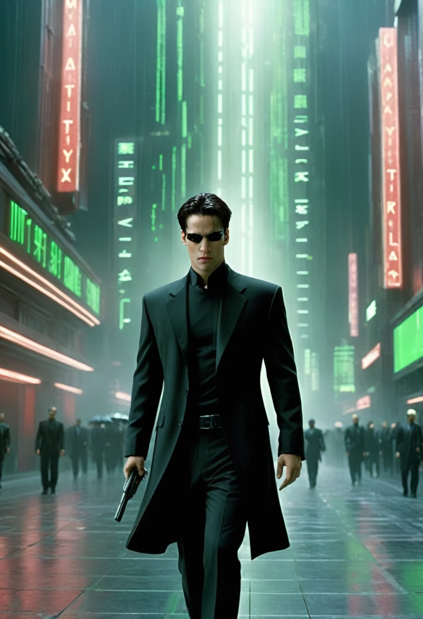 Prompt: “The Matrix” Inspired Video

Create a dynamic and visually stunning video inspired by the iconic film “The Matrix.” The video should capture the essence of the movie’s cyberpunk aesthetic, featuring:

	1.	Green Code Rain: Incorporate the signature falling green code, symbolizing the digital nature of the Matrix.
	2.	Urban Dystopia: Show a futuristic, dystopian cityscape with towering skyscrapers, neon lights, and dark, gritty streets.
	3.	Action Sequences: Include fast-paced action scenes with martial arts, slow-motion bullet dodging, and intense combat, reminiscent of the film’s choreography.
	4.	Characters: Feature characters styled like Neo, Trinity, and Morpheus, wearing black leather outfits and sunglasses.
	5.	Virtual Reality: Highlight the concept of a simulated reality, with glitches, digital distortions, and surreal transitions between the real world and the Matrix.
	6.	Philosophical Elements: Integrate thought-provoking quotes and imagery that reflect the film’s themes of reality, control, and freedom.
	7.	Soundtrack: Use a suspenseful and adrenaline-pumping soundtrack that matches the intensity and atmosphere of the visuals.

The overall tone should be mysterious, thrilling, and thought-provoking, staying true to the spirit of “The Matrix.”

Let me know if you need any adjustments or additional details!