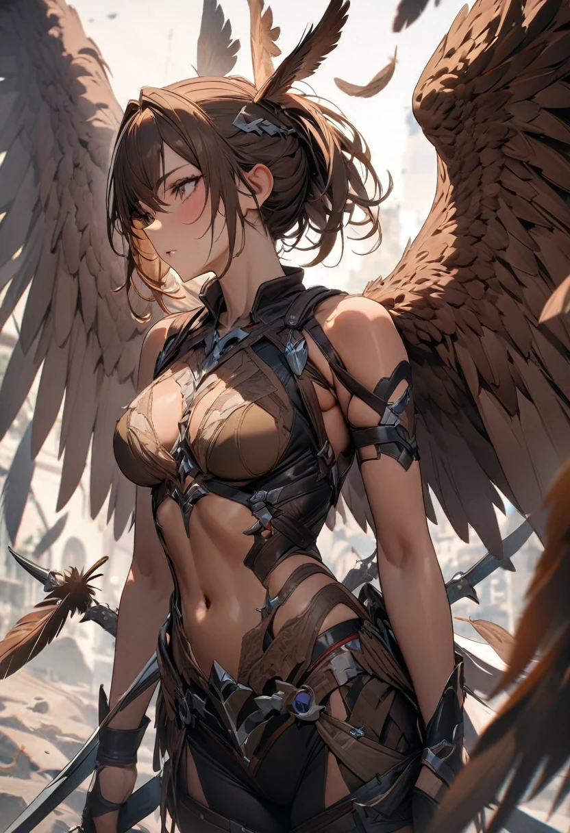 masterpiece, 8k, best quality, highly detailed, a human female with large brown hawk wings on her back with some of the feathers are made of blades