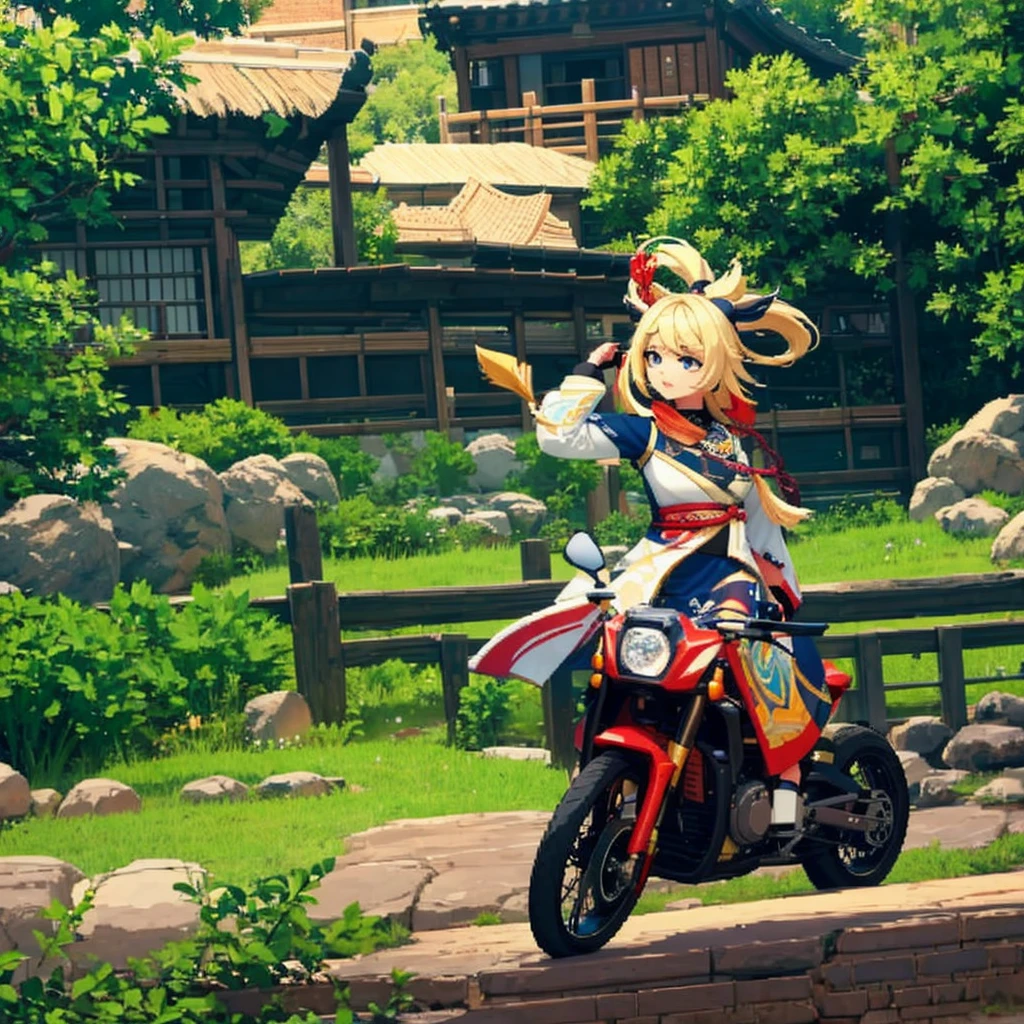 Nahida from genshin impact raiding a motorcycle 