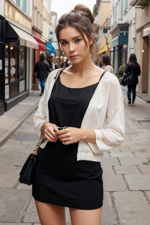 Beautiful and charming woman in fashion trend, random hairstyle, the street