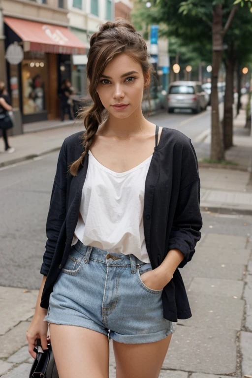 Beautiful and charming woman in fashion trend, random hairstyle, the street
