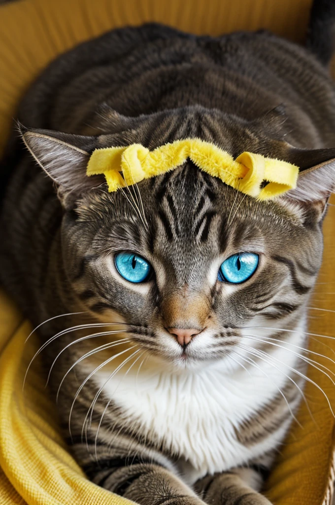 photograph of a 5 year old cat, with one yellow eye and one blue eye, with angel wings and a golden ring on his head