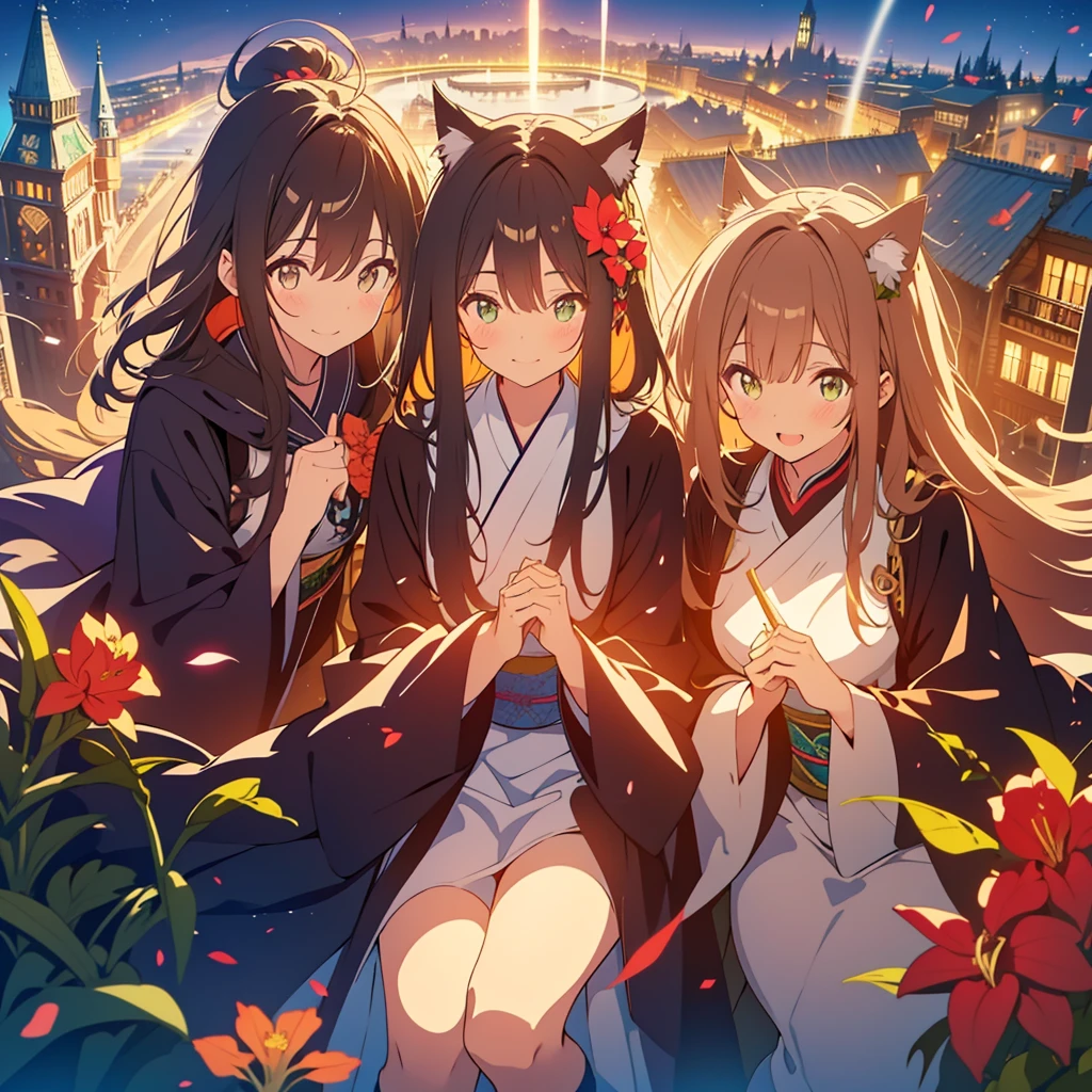 kawaii, anime, Cute, hyper quality, highly detailed, 8k, Front facing, Clarity, brown long hair, green eyes, smile, whole body, Cat ear, amaryllis, Close your eyes and smile with your mouth open, fly in the sky, good sisters, Cat ears stick out from the witch's hat, witch's black robe, fantasy, fog effect, particles of light, Uplifting, magically floating in the air, bird's eye view, flower blooming hill, colorful amaryllis, Cityscape lit with lights, starry sky, clock tower, iris, You can see the cityscape in the distance, fly in the sky with a broom, western witch, medieval cityscape, cape, amaryllis flower, magic effect, wizard's robe, cat ears, My sister has golden eyes, 