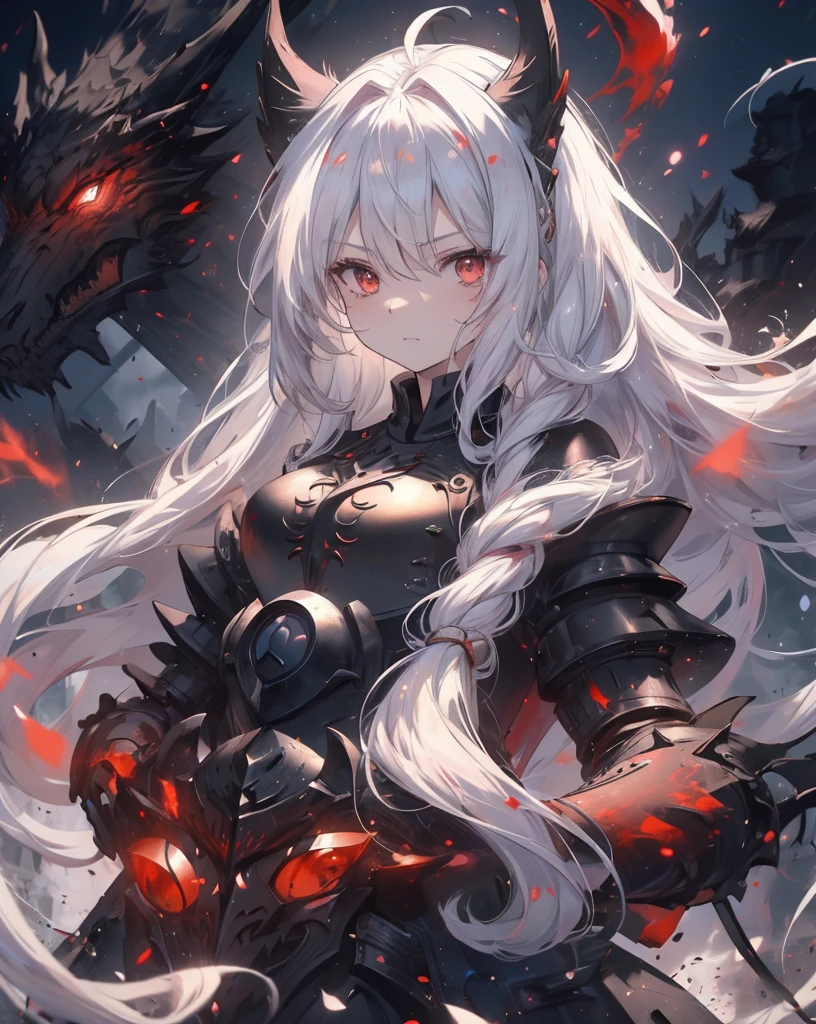 masterpiece, 1catgirl, cat ears, ((White long hair)) , Red eyes, intricate ((Black armour)) , she is a dragon slayer. She won the fight. Damaged ((black and Red shirt)) over the armour. Portrait. Medium breast. Super detailed. Perfect anime Red eyes