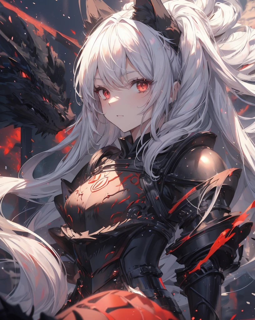 masterpiece, 1catgirl, cat ears, ((White long hair)) , Red eyes, intricate ((Black armour)) , she is a dragon slayer. She won the fight. Damaged ((black and Red shirt)) over the armour. Portrait. Medium breast. Super detailed. Perfect anime Red eyes