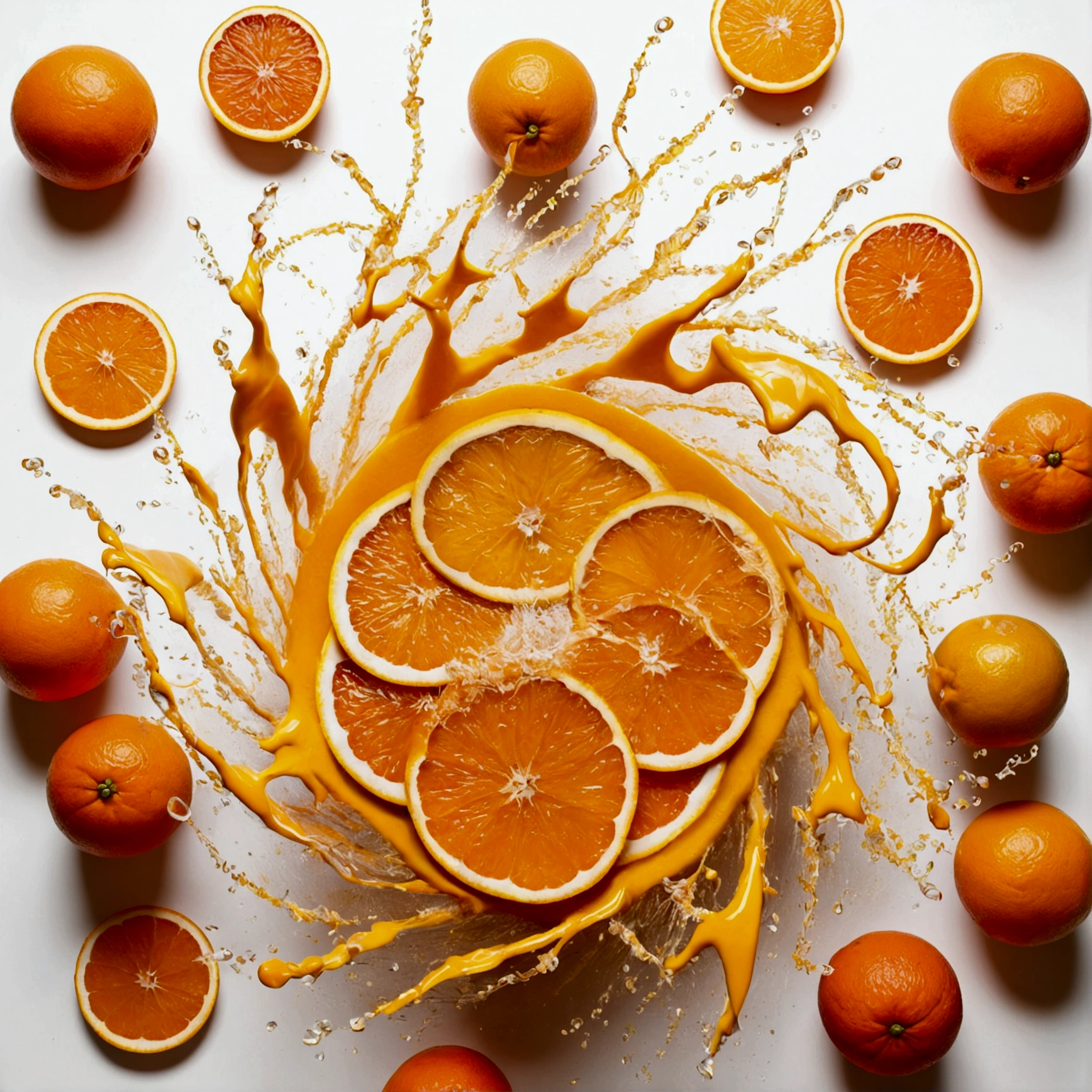A storm of orange juice explodes, swirls around, surrounded by oranges, orange leaves, everything in the middle of the frame, unbroken, white background.