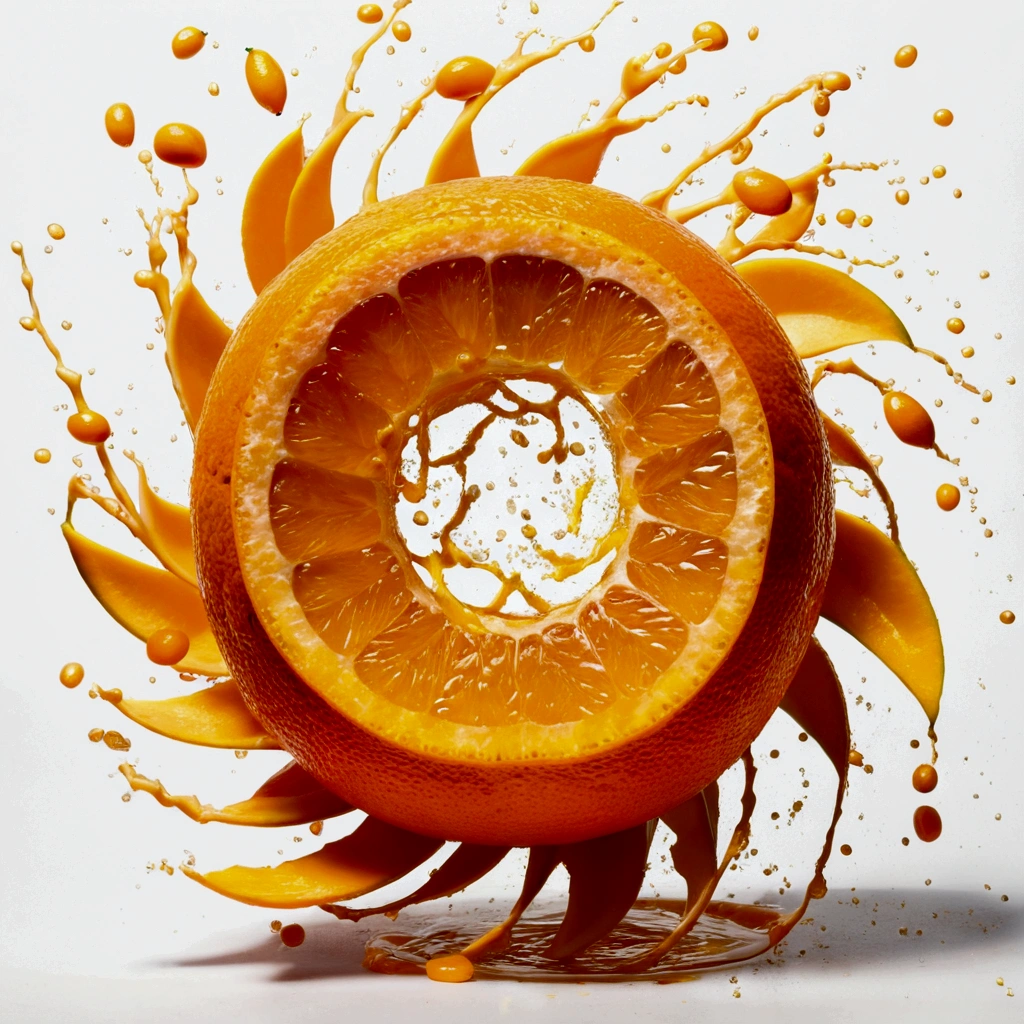 A storm of orange juice explodes, swirls around, surrounded by oranges, orange leaves, everything in the middle of the frame, unbroken, white background.