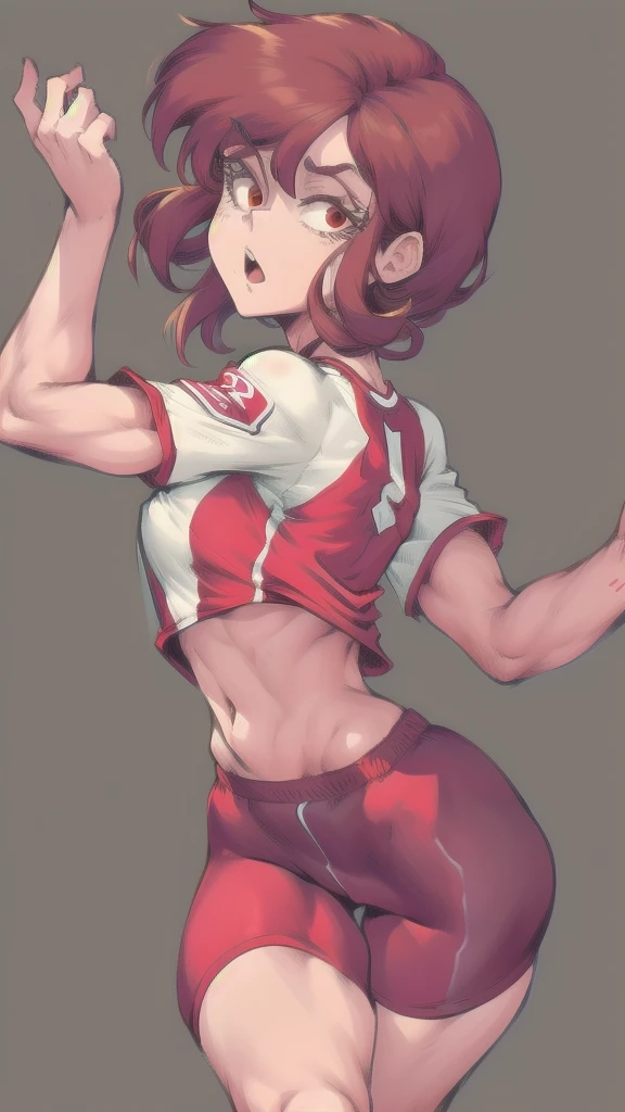 Full body image of Lynn Loud from The Loud House, full body in image, wearing her original outfit (red jersey, red shorts, red and white sneakers), short brown hair, female body, athletic and fit body, dynamic pose, detailed pose, simple background, expressive face showing determination, focus on face, line art, sketch