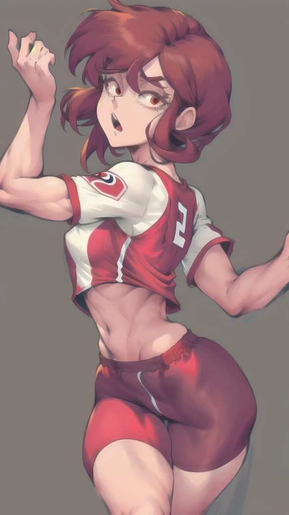 Full body image of Lynn Loud from The Loud House, full body in image, wearing her original outfit (red jersey, red shorts, red and white sneakers), short brown hair, female body, athletic and fit body, dynamic pose, detailed pose, simple background, expressive face showing determination, focus on face, line art, sketch